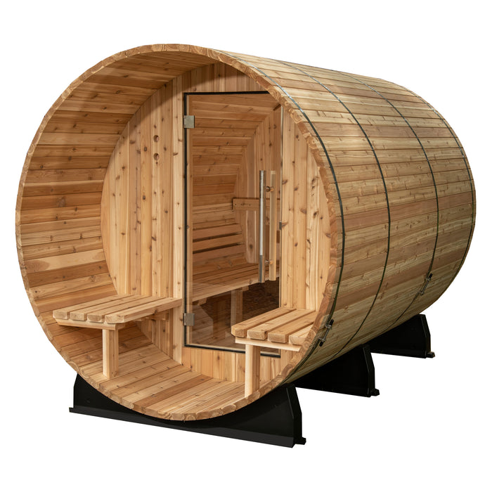 Charleston Canopy Barrel sauna with a glass door.