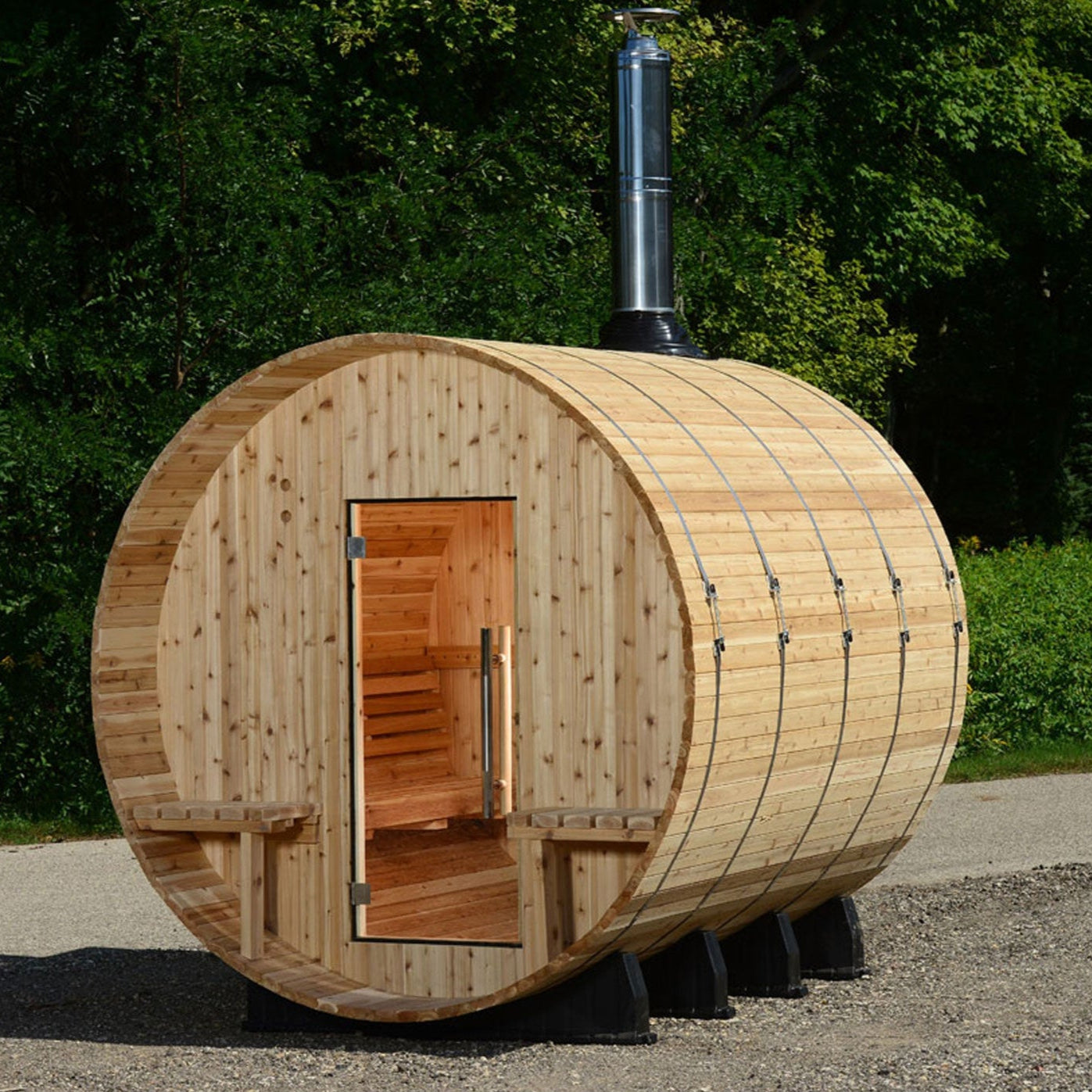 Outdoor Grandview 8-Person Canopy Sauna with glass door.