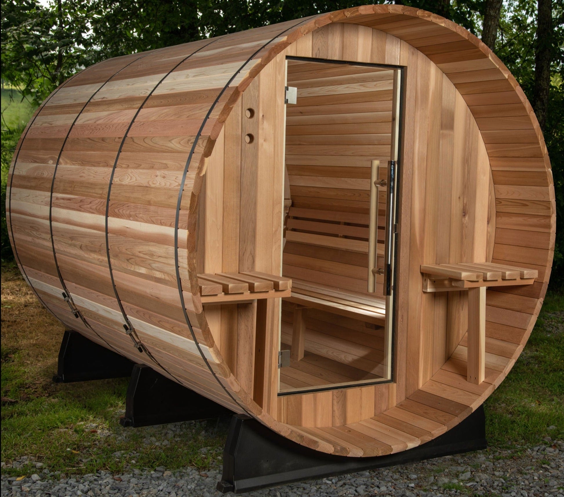 Outdoor Huntington 4-6 Person Canopy Sauna a with glass door.