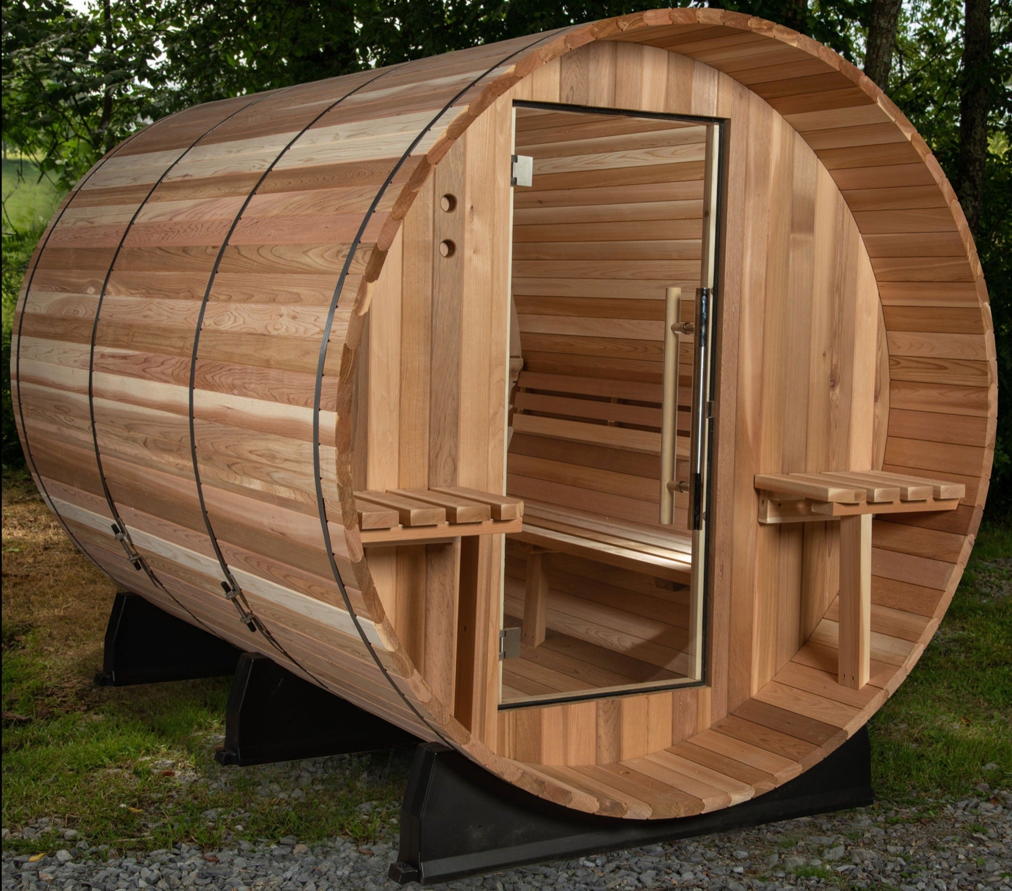 Outdoor Huntington 4-6 Person Canopy Sauna a with glass door.