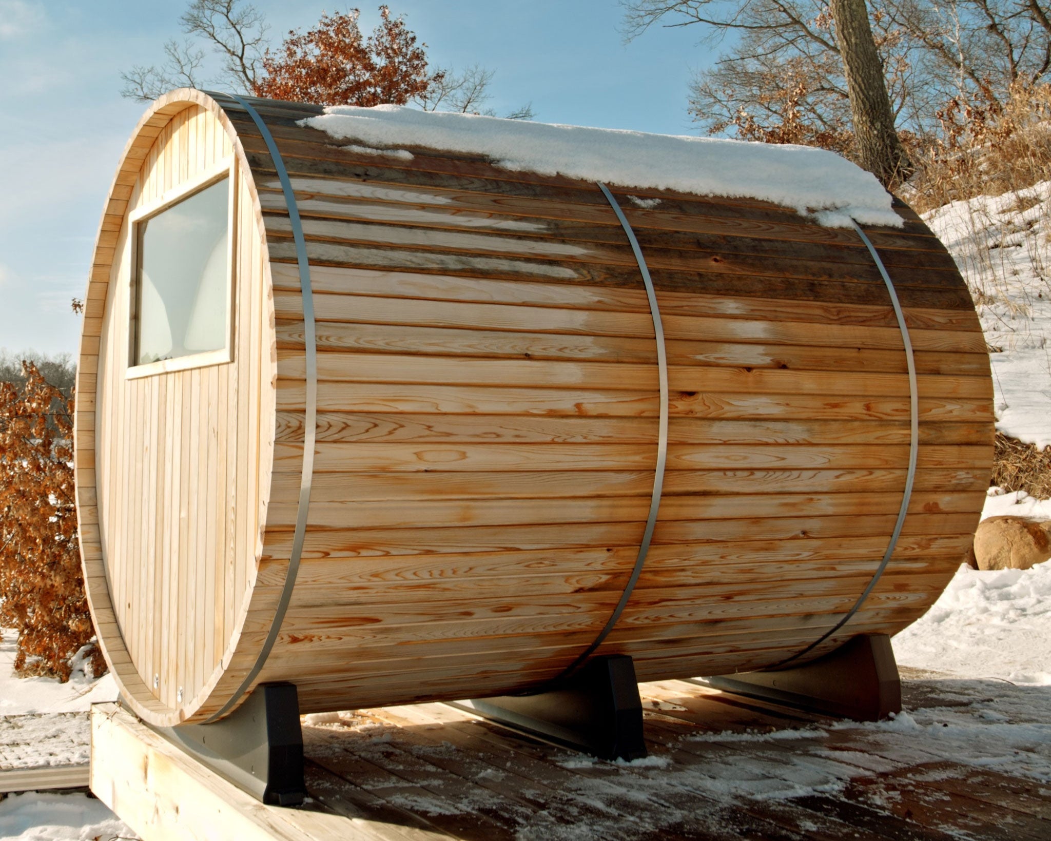 Huntington 4-6 Person Canopy Sauna outside in the snow.
