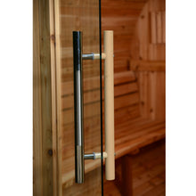 Load image into Gallery viewer, Stainless steel and wooden door handle on glass door.
