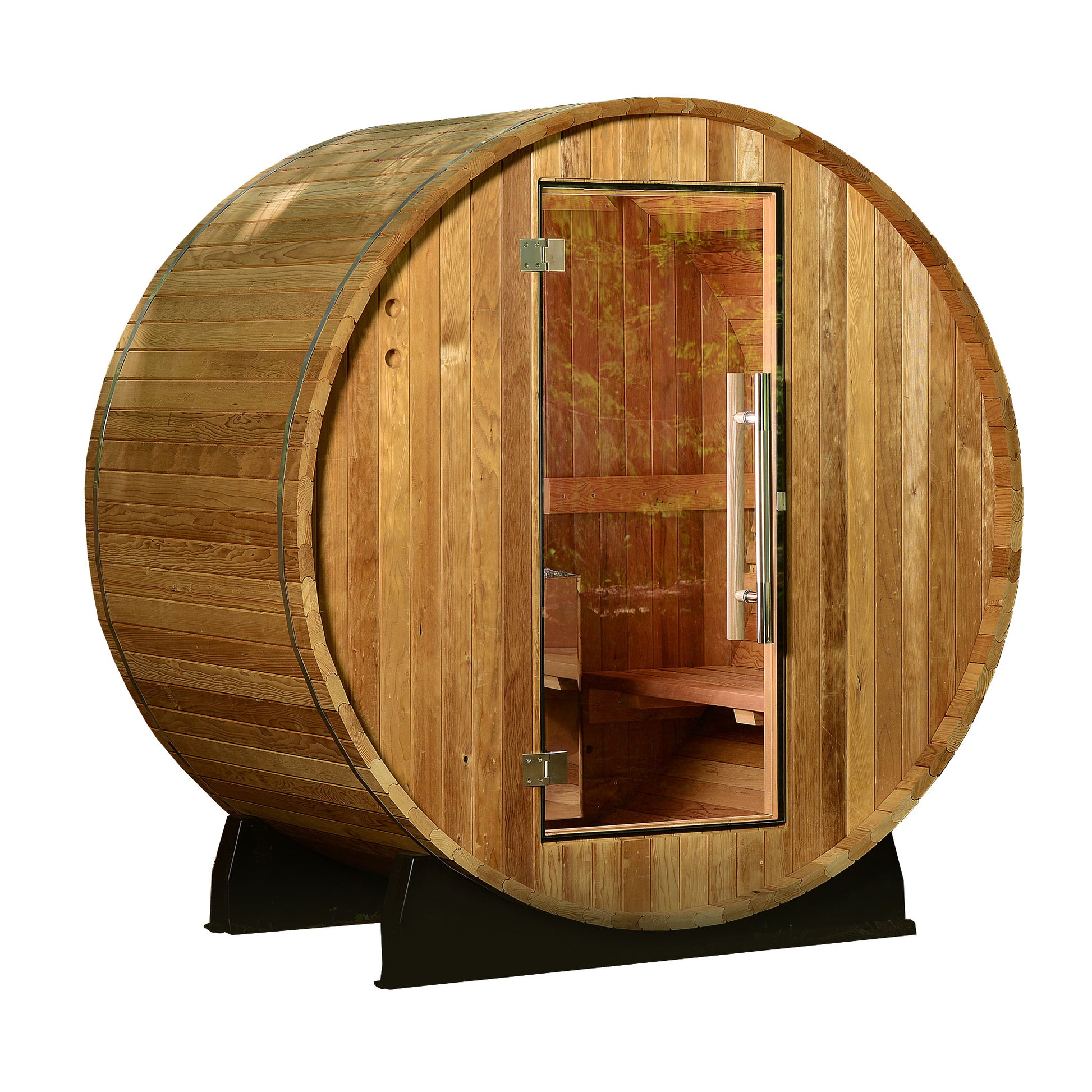 Salem 2 Person Barrel Sauna - Rustic Red Cedar / Glass Door and No Window / 6kW KIP Heater w/ Dials - Outdoor Saunas