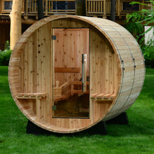 Load image into Gallery viewer, Audra 2-4 person barrel sauna with a glass door.
