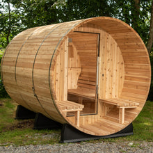 Load image into Gallery viewer, Outdoor Charleston Canopy Barrel sauna with a glass door. 

