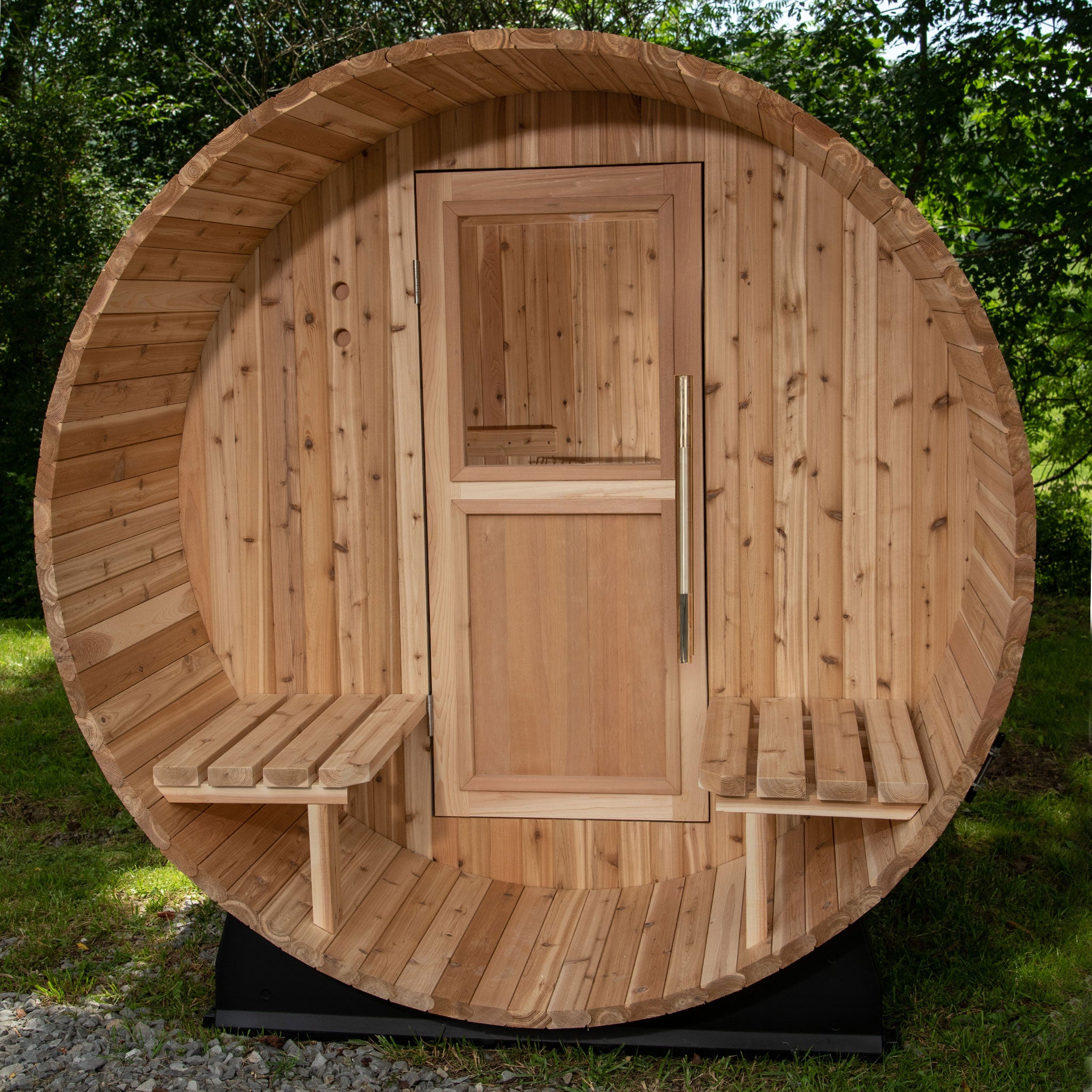 Charleston Canopy Barrel sauna with wood door and glass window.