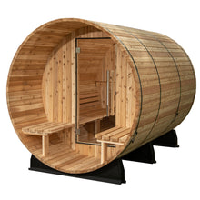 Load image into Gallery viewer, Charleston Canopy Barrel sauna with a glass door.
