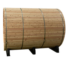 Load image into Gallery viewer, Side view of Charleston Canopy Barrel sauna.
