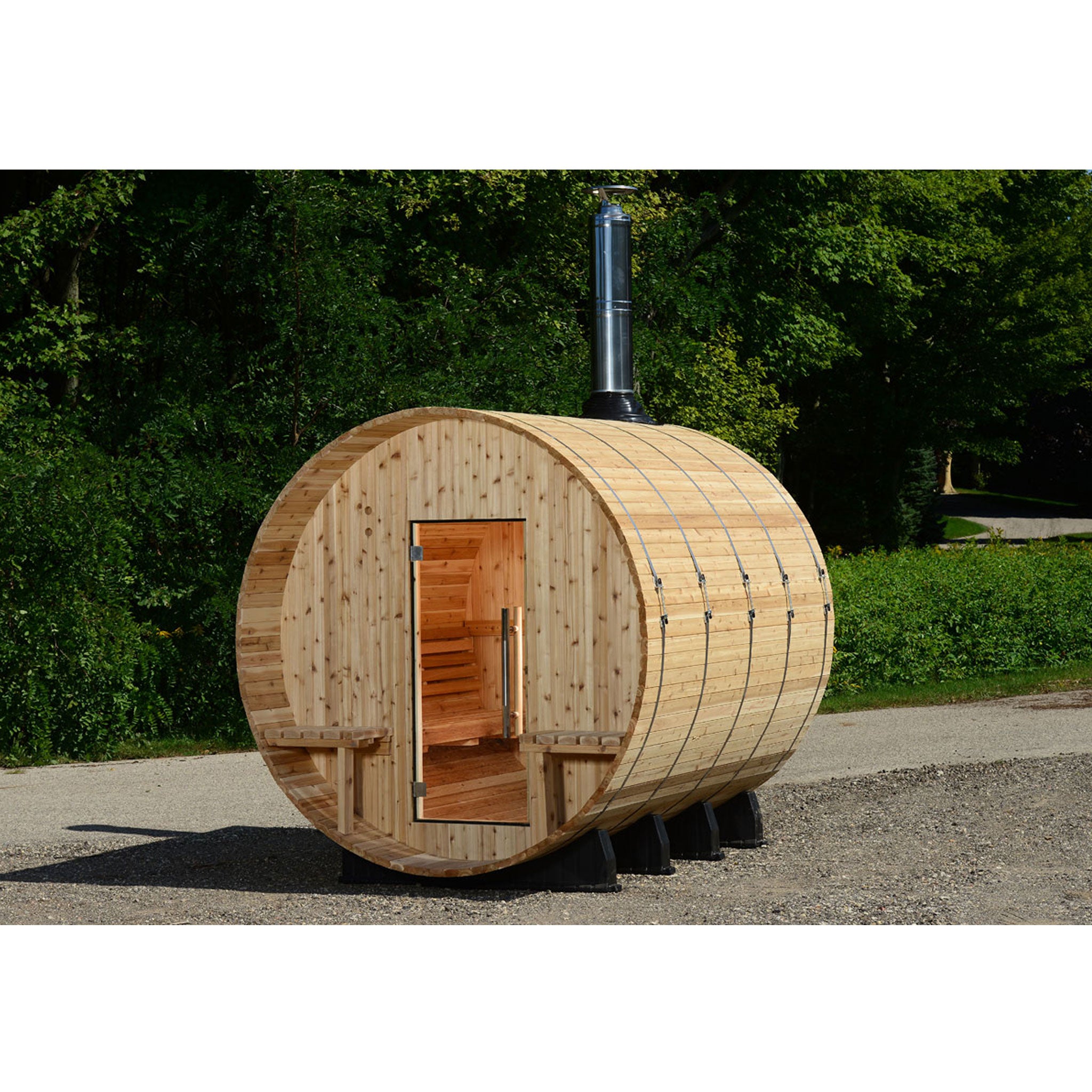 Outdoor Grandview 8-Person Canopy Sauna with glass door.