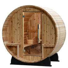 Load image into Gallery viewer, Vienna 2-person barrel sauna with a wood door and glass window.
