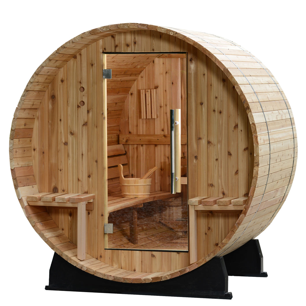 Vienna 2-person barrel sauna with a wood door and glass window.