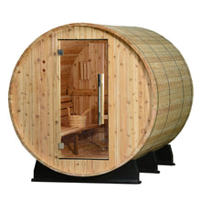 Load image into Gallery viewer, Princeton 6-person barrel sauna with a glass door.
