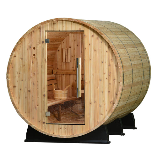 Princeton 6-person barrel sauna with a glass door.