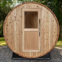 Load image into Gallery viewer, Classic Watoga barrel sauna with a wooden door including a window. 
