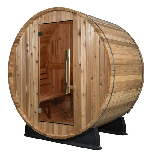 Classic Watoga Barrel sauna with glass door. Featuring stainless steel bands, hinges and fasteners. 