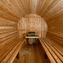 Load image into Gallery viewer, Barrel sauna interior with horizontal slat bench design and Harvia heater.
