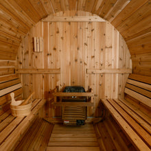 Load image into Gallery viewer, Barrel sauna interior featuring Harvia heater.
